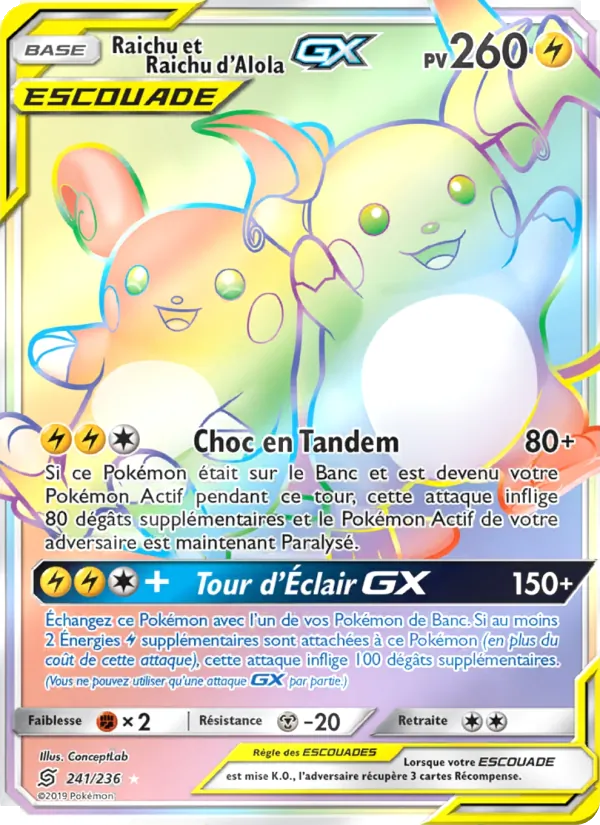 Carte Pokémon Raichu et Raichu d’Alola GX 241/236 de l'extension Harmonie des Esprits