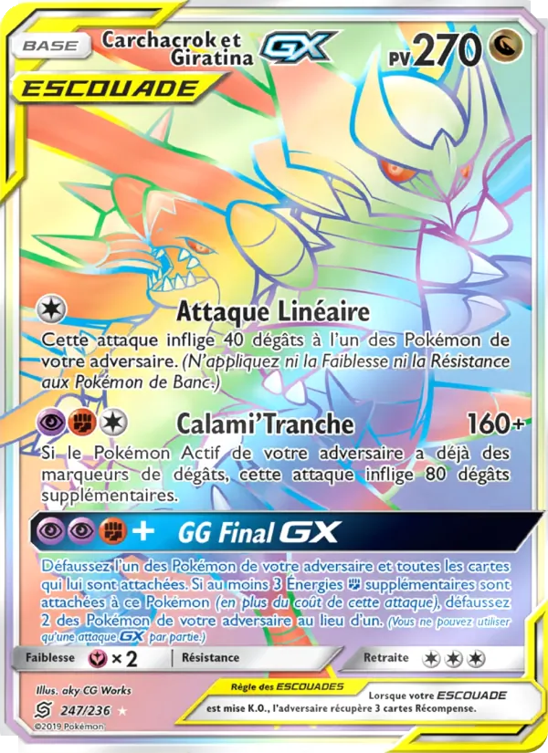 Carte Pokémon Carchacrok et Giratina GX 247/236 de l'extension Harmonie des Esprits
