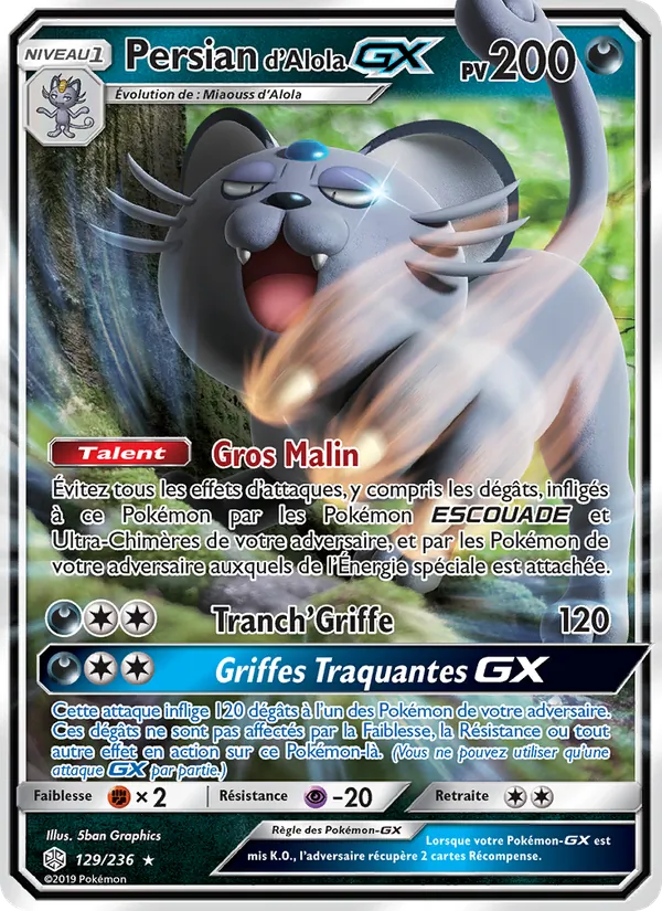 Carte Pokémon Persian d’Alola GX 129/236 de l'extension Éclipse Cosmique