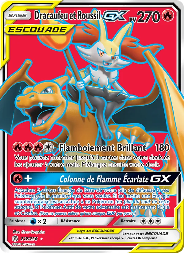 Carte Pokémon Dracaufeu et Roussil GX 212/236 de l'extension Éclipse Cosmique