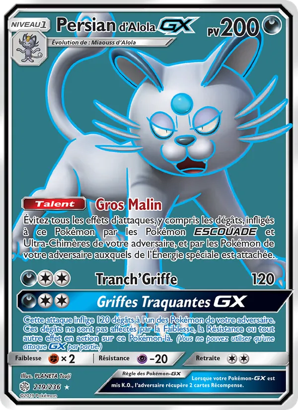 Carte Pokémon Persian d’Alola GX 219/236 de l'extension Éclipse Cosmique