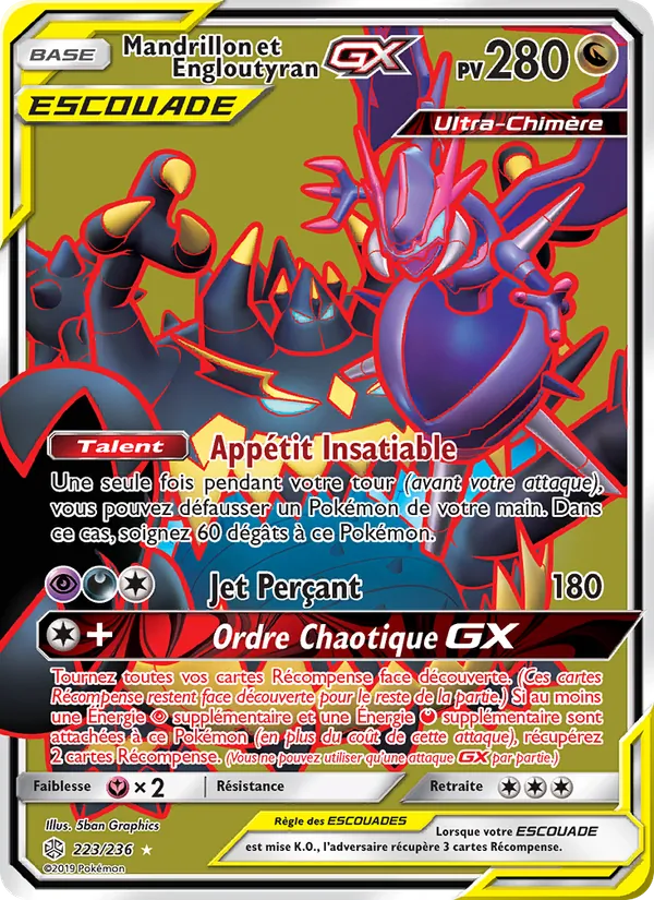 Carte Pokémon Mandrillon et Engloutyran GX 223/236 de l'extension Éclipse Cosmique