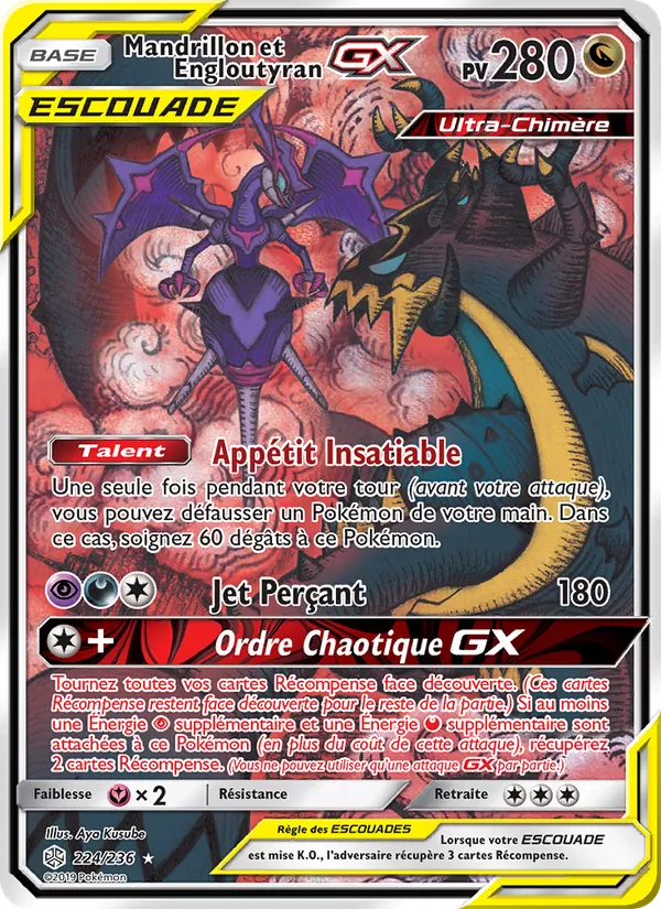 Carte Pokémon Mandrillon et Engloutyran GX 224/236 de l'extension Éclipse Cosmique