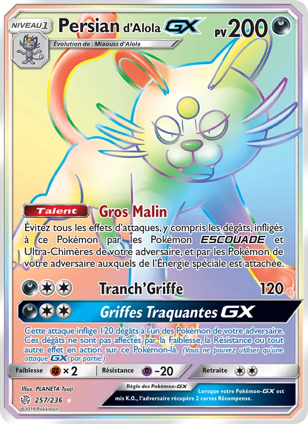 Carte Pokémon Persian d’Alola GX 257/236 de l'extension Éclipse Cosmique