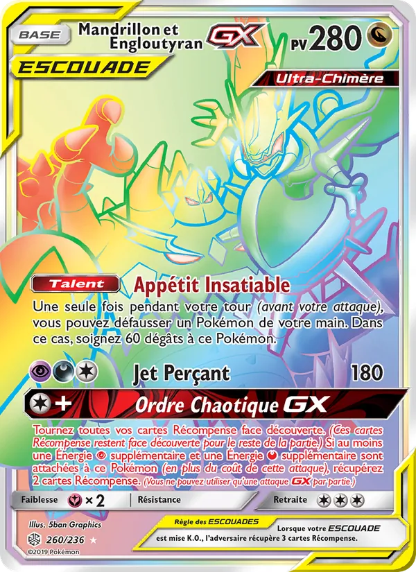Carte Pokémon Mandrillon et Engloutyran GX 260/236 de l'extension Éclipse Cosmique