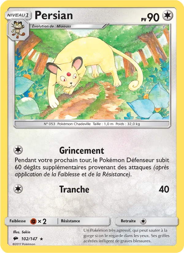 Carte Pokémon Persian 102/147 de l'extension Ombres Ardentes