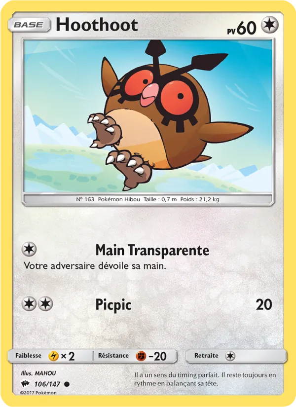 Carte Pokémon Hoothoot 106/147 de l'extension Ombres Ardentes