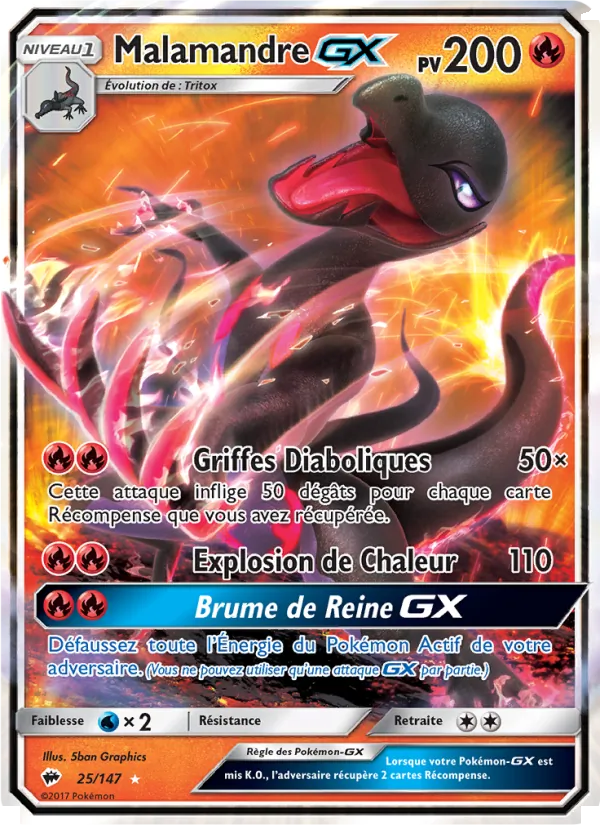 Carte Pokémon Malamandre GX 25/147 de l'extension Ombres Ardentes