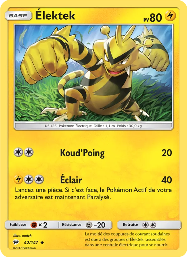 Carte Pokémon Élektek 42/147 de l'extension Ombres Ardentes