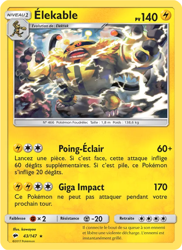 Carte Pokémon Élekable 43/147 de l'extension Ombres Ardentes