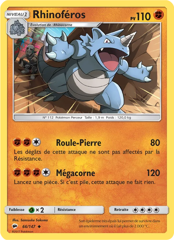 Carte Pokémon Rhinoféros 66/147 de l'extension Ombres Ardentes