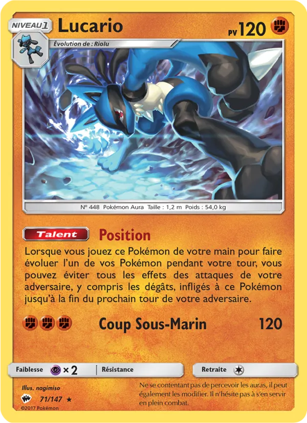 Carte Pokémon Lucario 71/147 de l'extension Ombres Ardentes