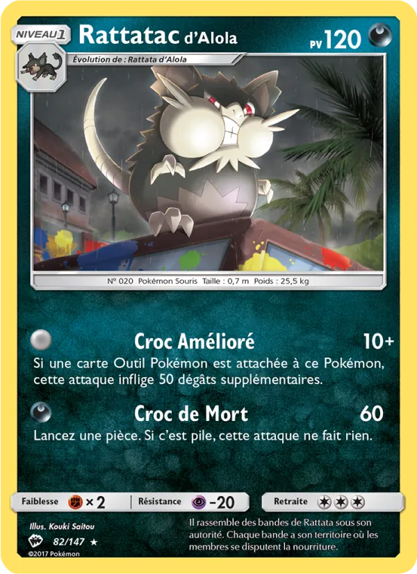 Carte Pokémon Rattatac d’Alola 82/147 de l'extension Ombres Ardentes