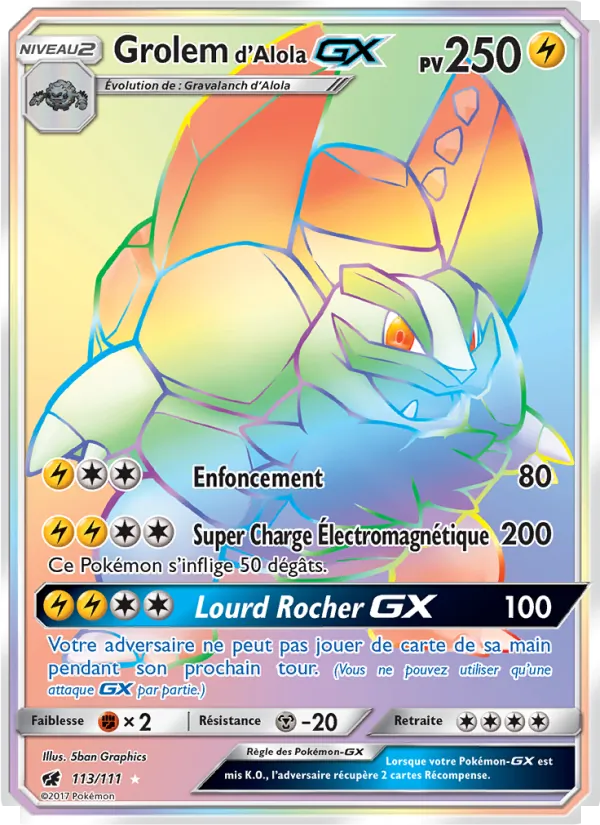 Carte Pokémon Grolem d’Alola GX 113/111 de l'extension Invasion Carmin