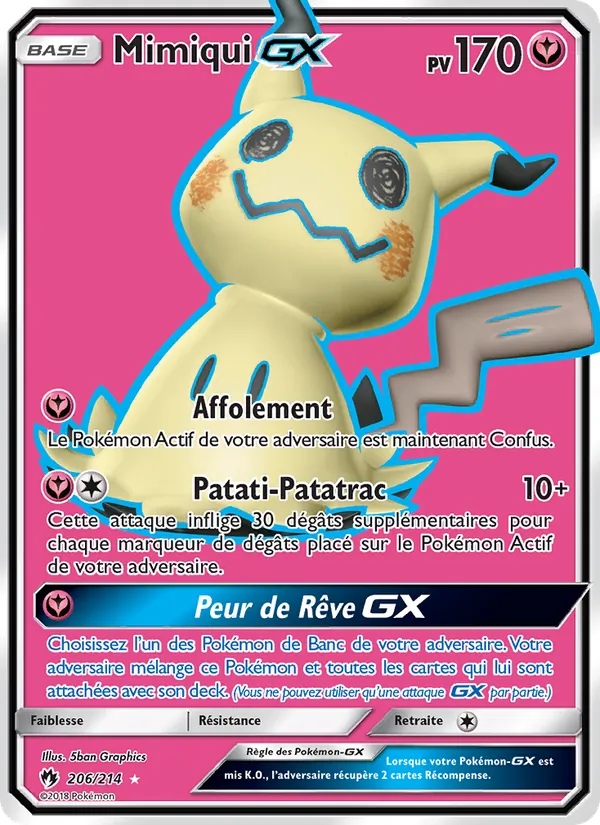 Carte Pokémon Mimiqui GX 206/214 de l'extension Tonnerre Perdu