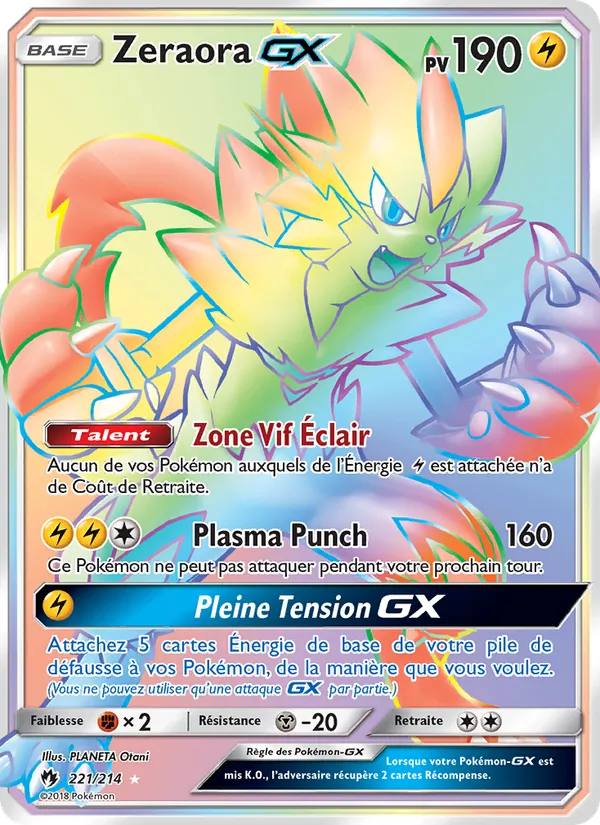 Carte Pokémon Zeraora GX 221/214 de l'extension Tonnerre Perdu