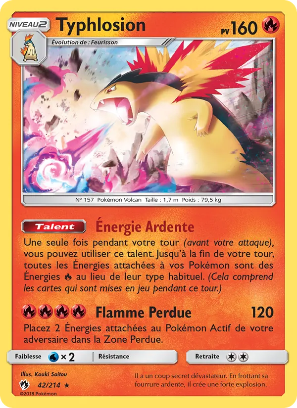 Carte Pokémon Typhlosion 42/214 de l'extension Tonnerre Perdu