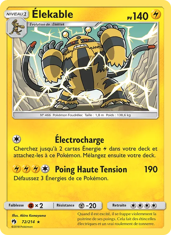Carte Pokémon Élekable 72/214 de l'extension Tonnerre Perdu
