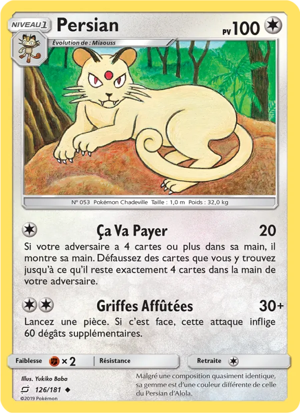 Carte Pokémon Persian 126/181 de l'extension Duo de Choc