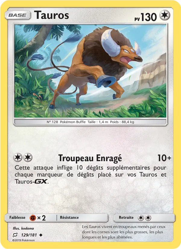 Carte Pokémon Tauros 129/181 de l'extension Duo de Choc