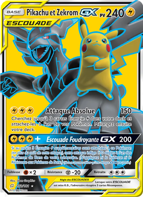 Carte Pokémon Pikachu et Zekrom GX 162/181 de l'extension Duo de Choc