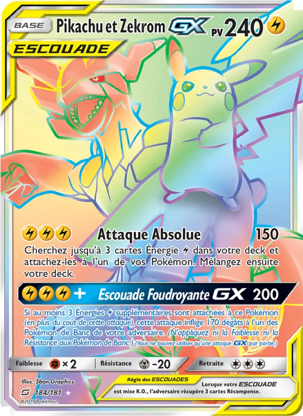 Carte Pokémon Pikachu et Zekrom GX 184/181 de l'extension Duo de Choc