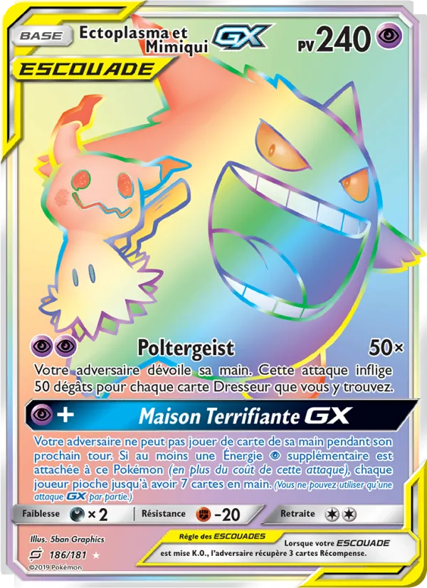Carte Pokémon Ectoplasma et Mimiqui GX 186/181 de l'extension Duo de Choc