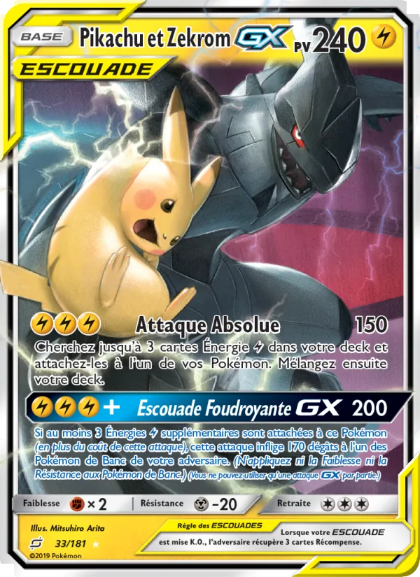 Carte Pokémon Pikachu et Zekrom GX 33/181 de l'extension Duo de Choc
