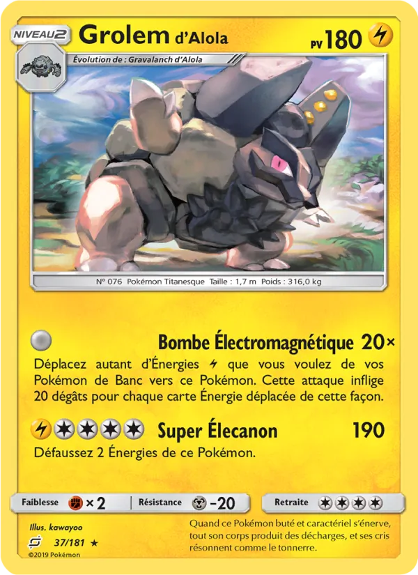 Carte Pokémon Grolem d’Alola 37/181 de l'extension Duo de Choc