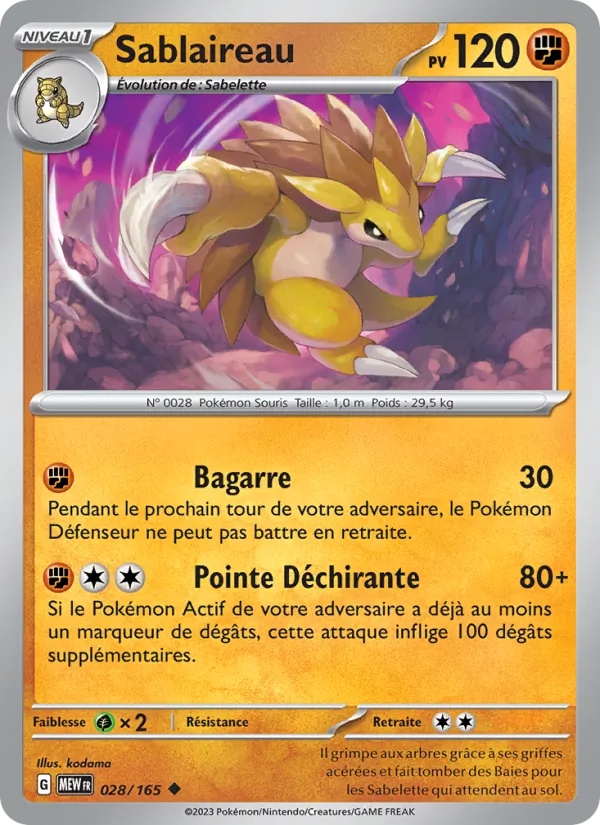 Carte Pokémon Sablaireau 028/165 de l'extension 151