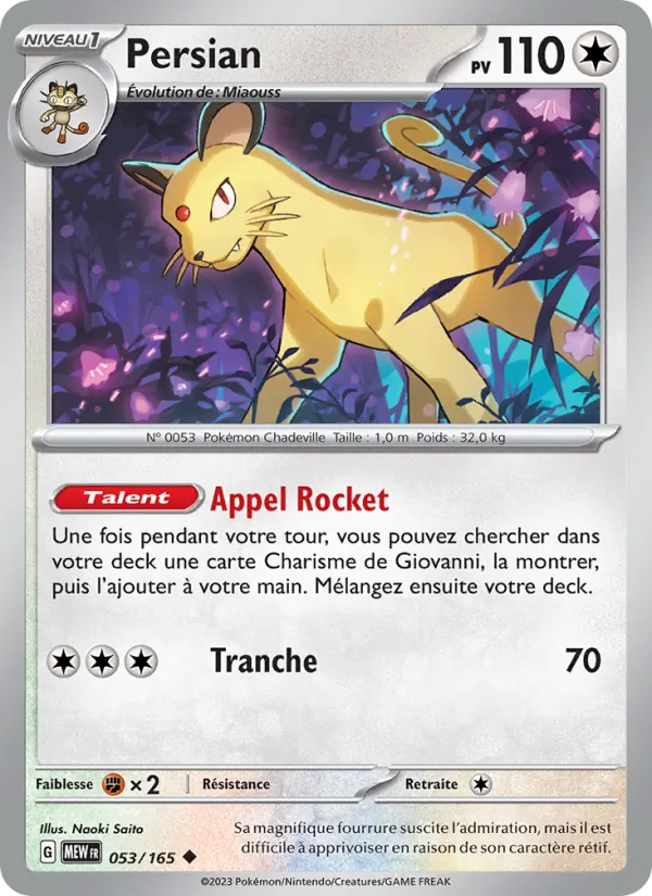 Carte Pokémon Persian 053/165 de l'extension 151