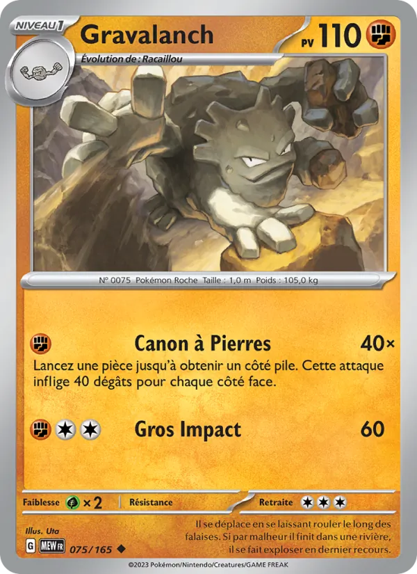 Carte Pokémon Gravalanch 075/165 de l'extension 151