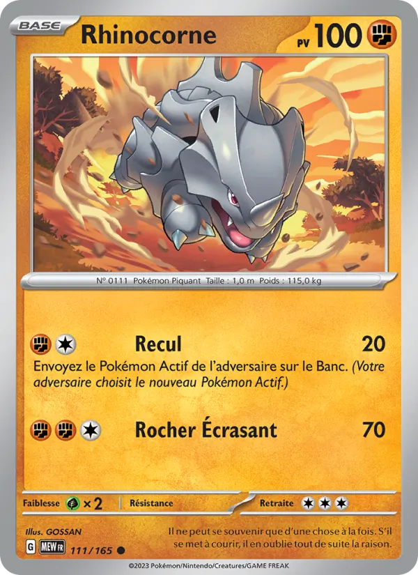 Carte Pokémon Rhinocorne 111/165 de l'extension 151