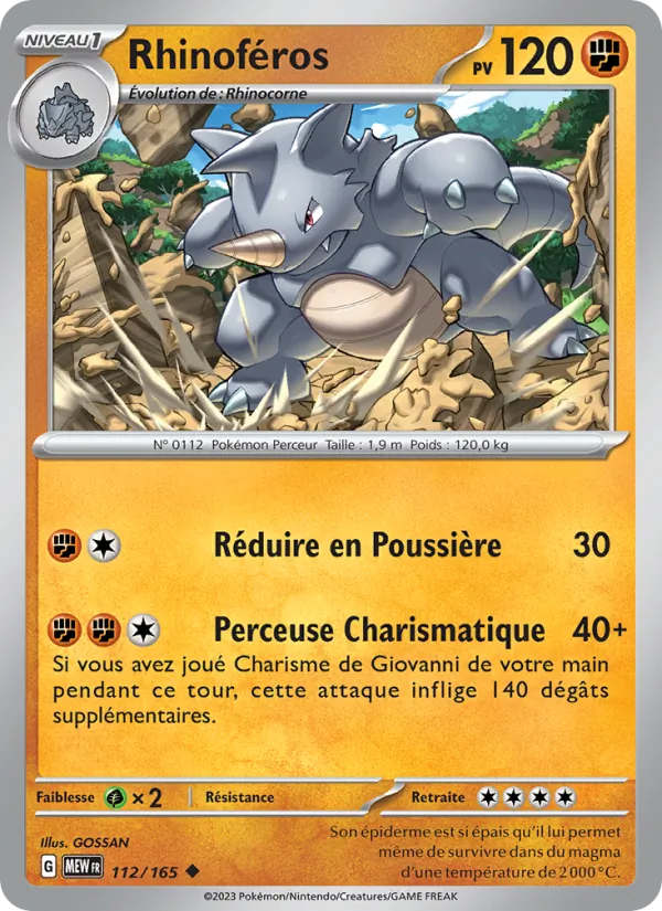 Carte Pokémon Rhinoféros 112/165 de l'extension 151