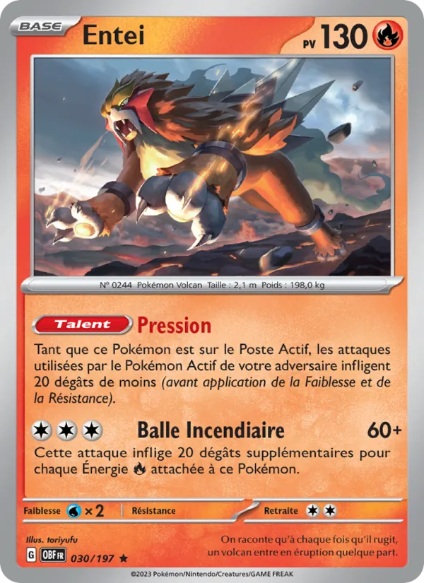 Carte Pokémon Entei 030/197 de l'extension Flammes Obsidiennes