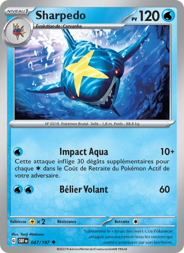 Carte Pokémon Sharpedo 047/197 de l'extension Flammes Obsidiennes
