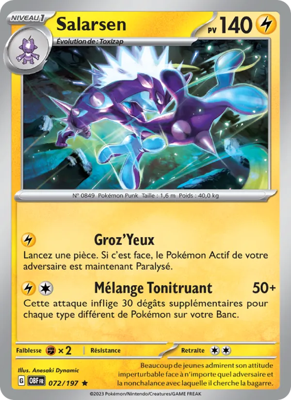 Carte Pokémon Salarsen 072/197 de l'extension Flammes Obsidiennes