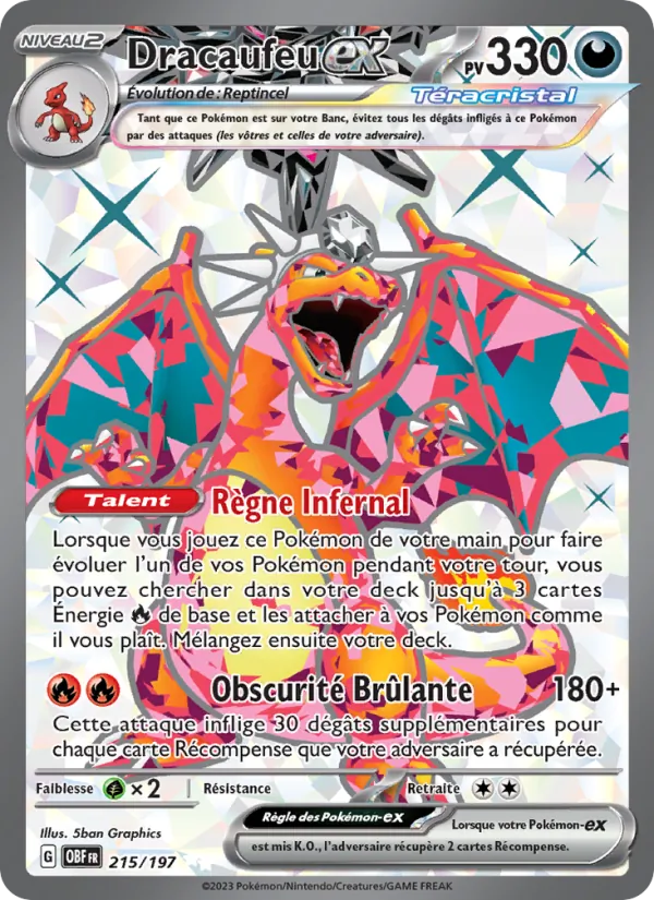 Carte Pokémon Dracaufeu-ex 215/197 de l'extension Flammes Obsidiennes