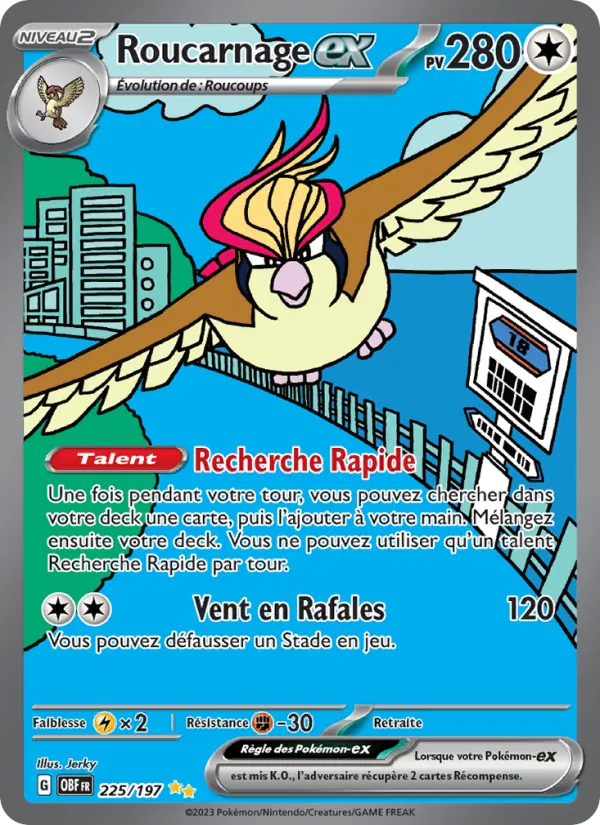 Carte Pokémon Roucarnage-ex 225/197 de l'extension Flammes Obsidiennes