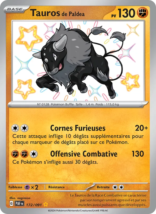 Carte Pokémon Tauros de Paldea 172/91 de l'extension Destinées de Paldea