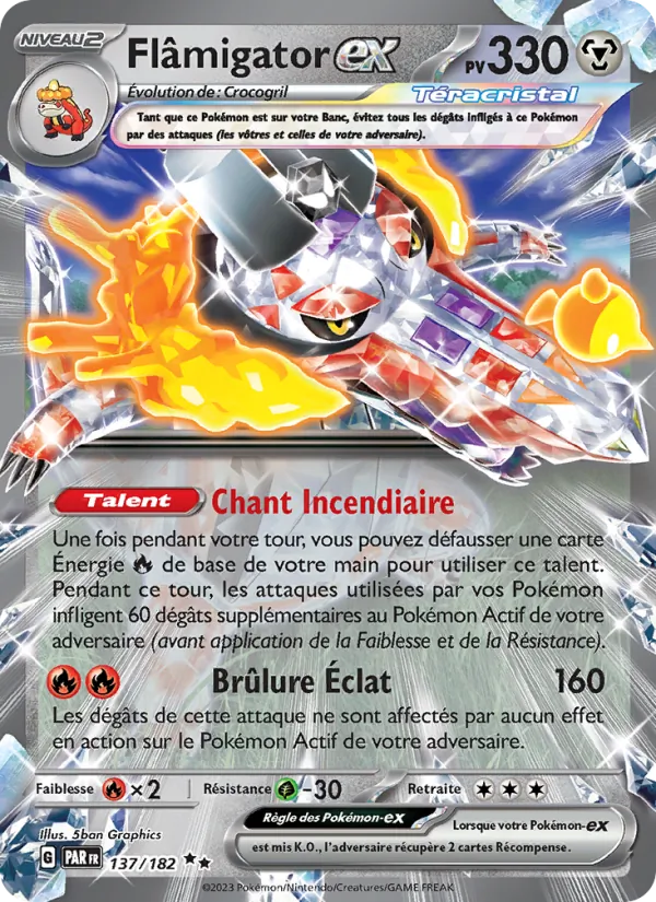 Carte Pokémon Flâmigator-ex 137/182 de l'extension Faille Paradoxe