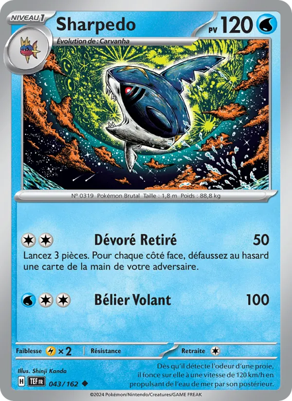 Carte Pokémon Sharpedo 043/162 de l'extension Forces Temporelles