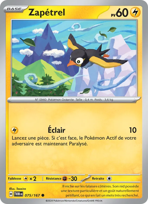 Carte Pokémon Zapétrel 075/167 de l'extension Mascarade Crépusculaire