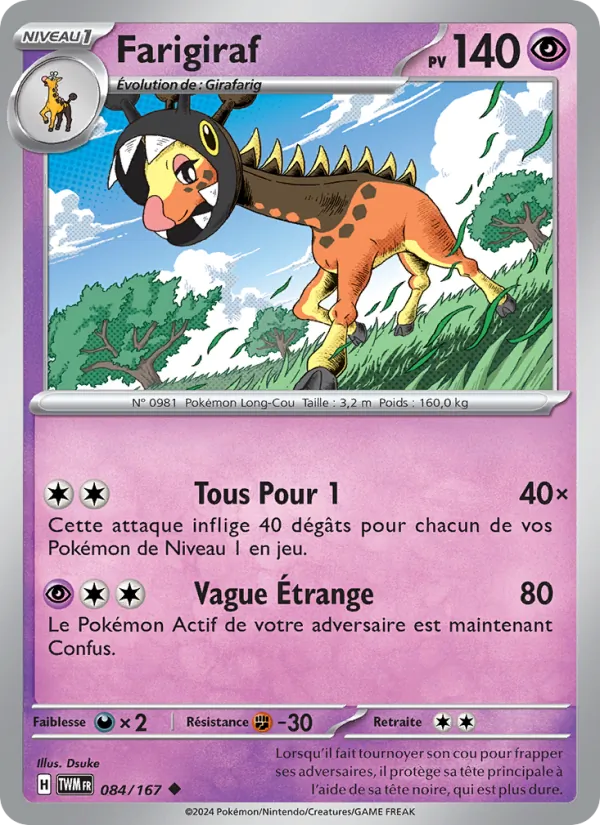 Carte Pokémon Farigiraf 084/167 de l'extension Mascarade Crépusculaire