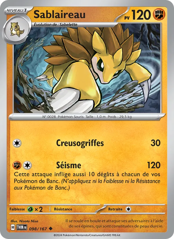 Carte Pokémon Sablaireau 098/167 de l'extension Mascarade Crépusculaire