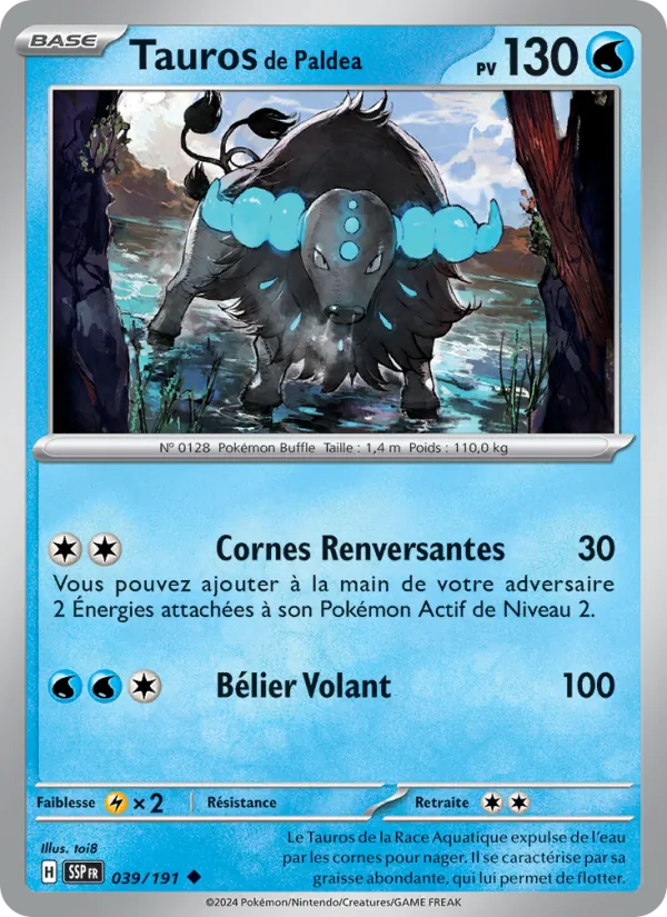 Carte Pokémon Tauros de Paldea 039/191 de l'extension Étincelles Déferlantes