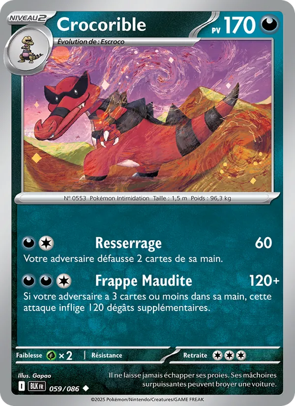 Carte Pokémon Crocorible 059/86 de l'extension Foudre Noire