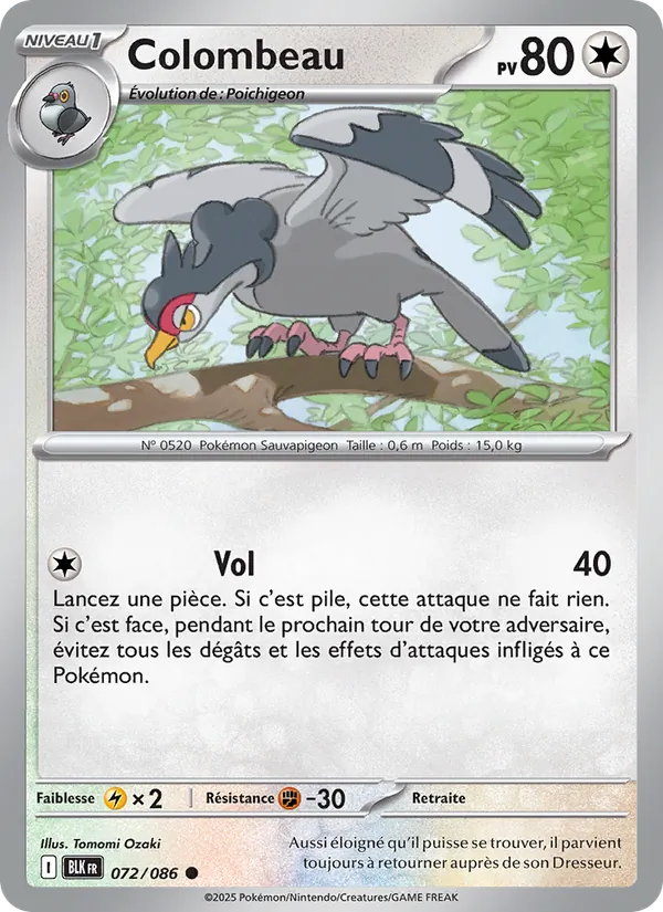 Carte Pokémon Colombeau 072/86 de l'extension Foudre Noire
