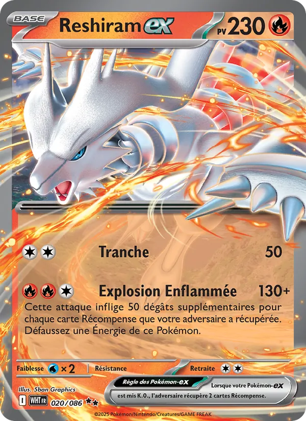 Carte Pokémon Reshiram-ex 020/86 de l'extension Flamme Blanche