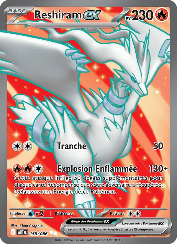 Carte Pokémon Reshiram-ex 158/86 de l'extension Flamme Blanche